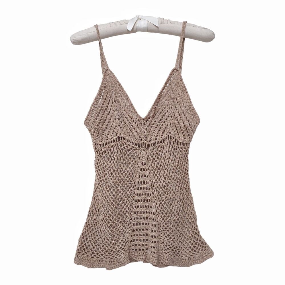 FADED GLORY Tan Crochet Tank Top Junior Size XL Open Knit Boho Sheer Festival